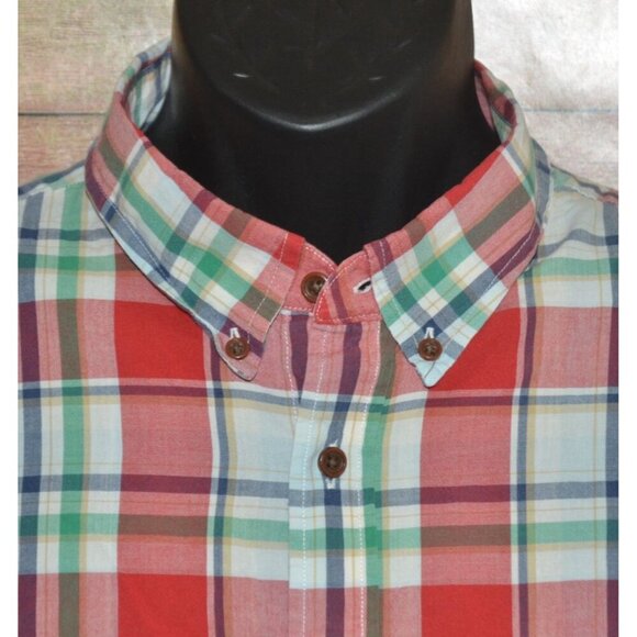 Lands' End Mens XL Short Sleeve Red Plaid Button Down Shirt Cotton Pocket Preppy - Picture 3 of 9